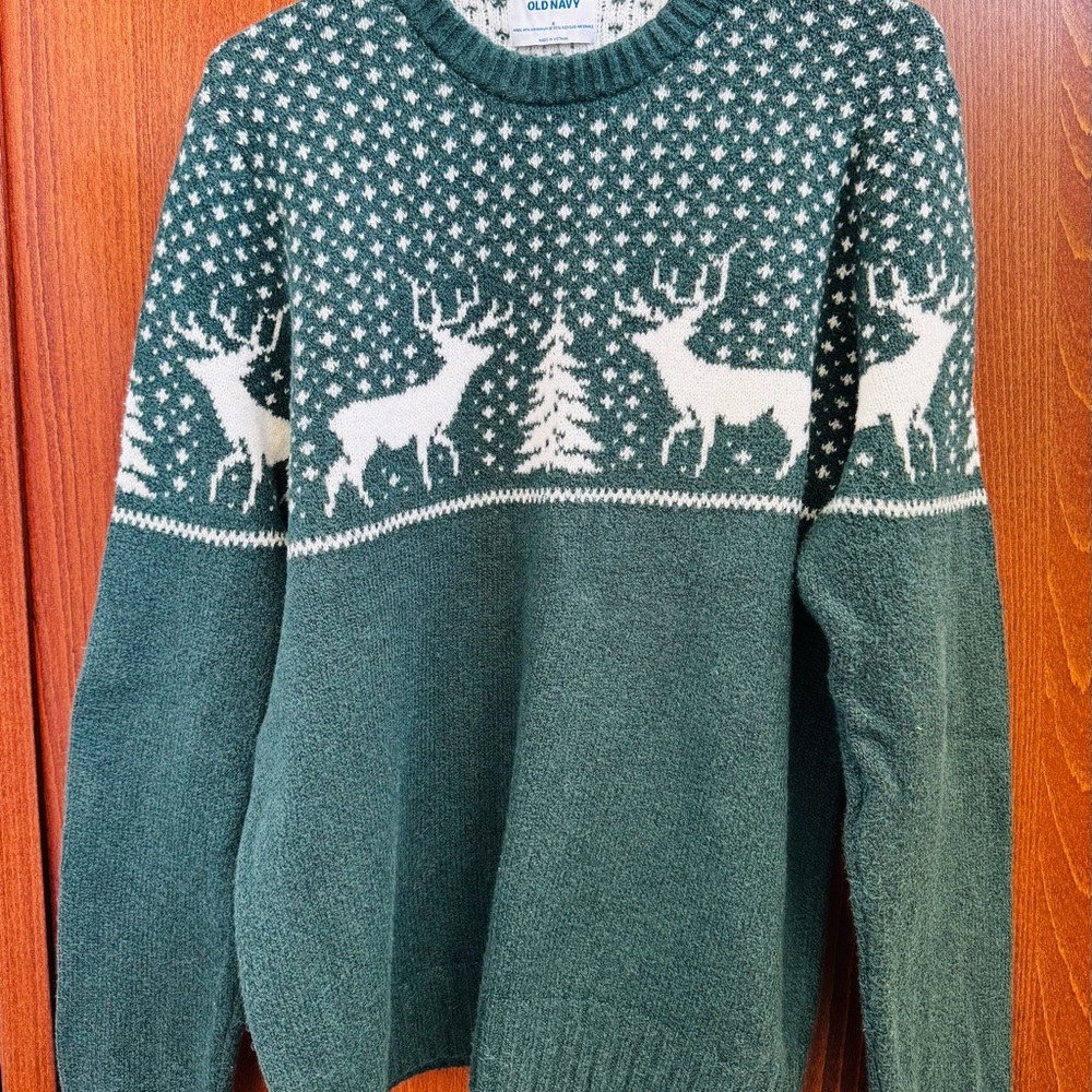 Old Navy Forest Green Crewneck Sweater with Reindeer Pattern